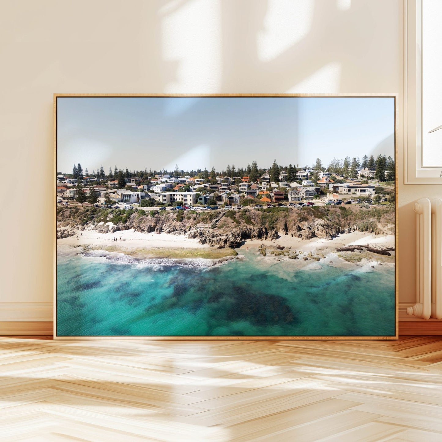 Aerial photograph of Grant Street Beach Perth hanging on a wall