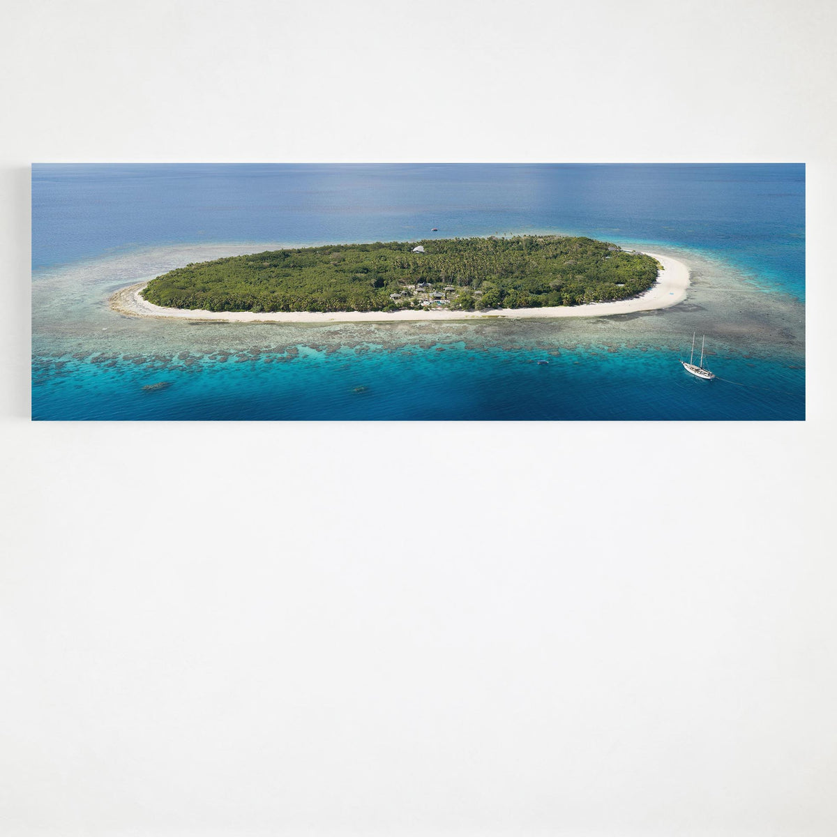 The whole of Serenity Island in Fiji from the air, panoramic canvas wall art