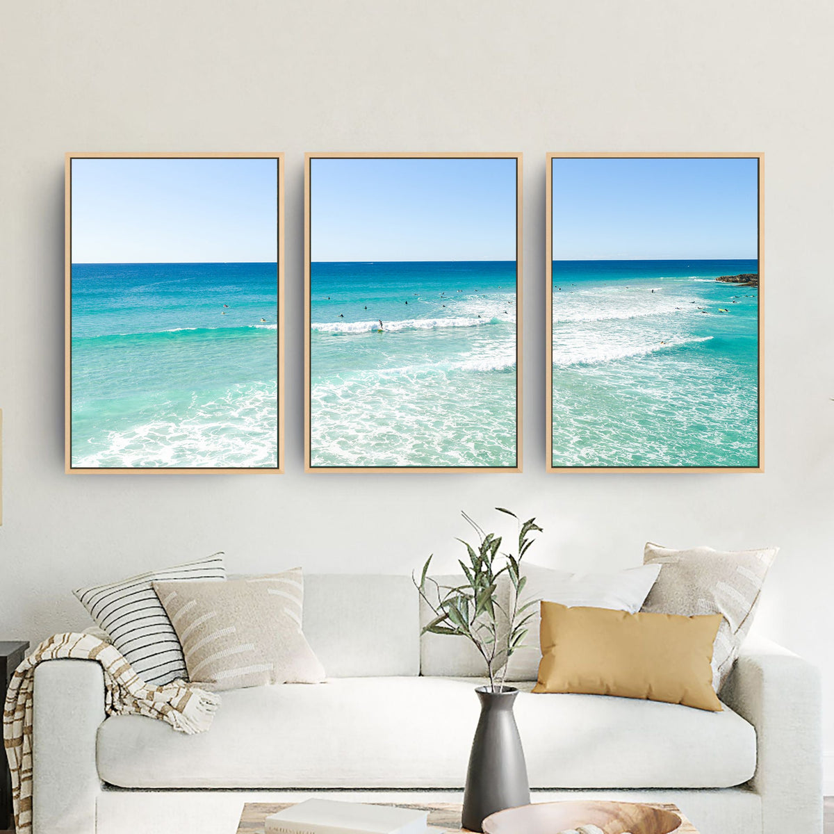Palm Beach Surfers three piece canvas wall art in living room
