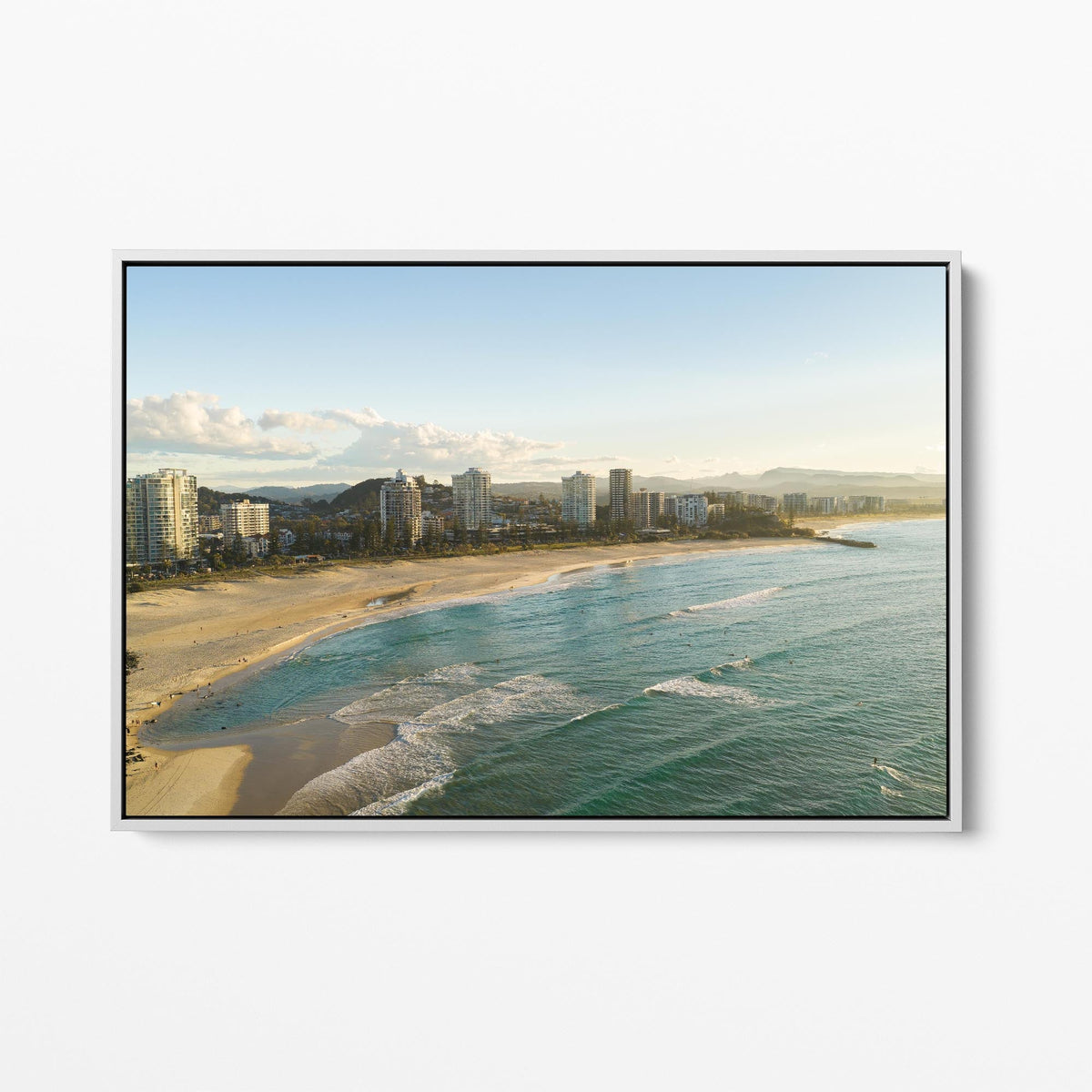 Rainbow Bay coastal white framed canvas