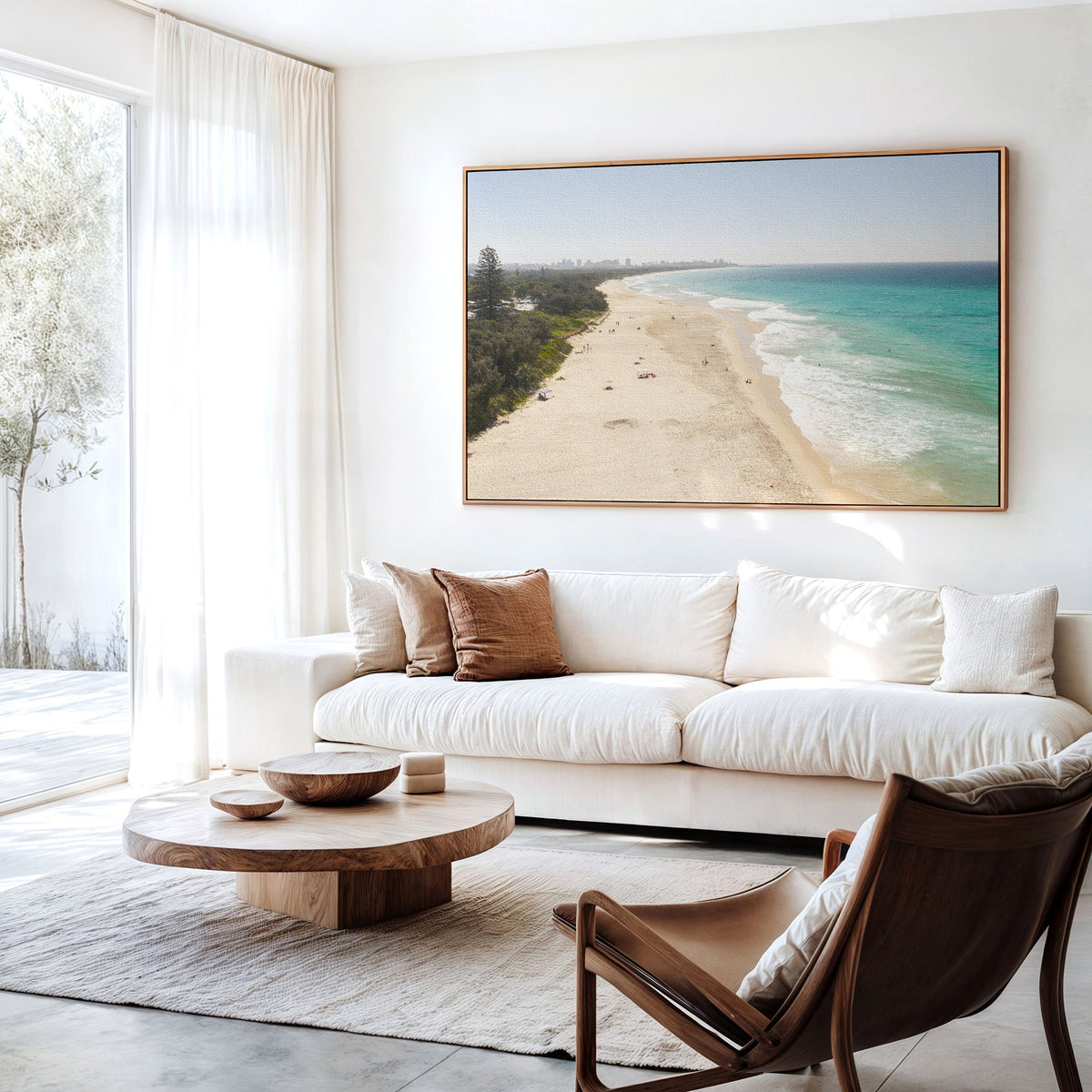 Aerial photography of Fingal Head canvas wall art hanging above a sofa in a living room