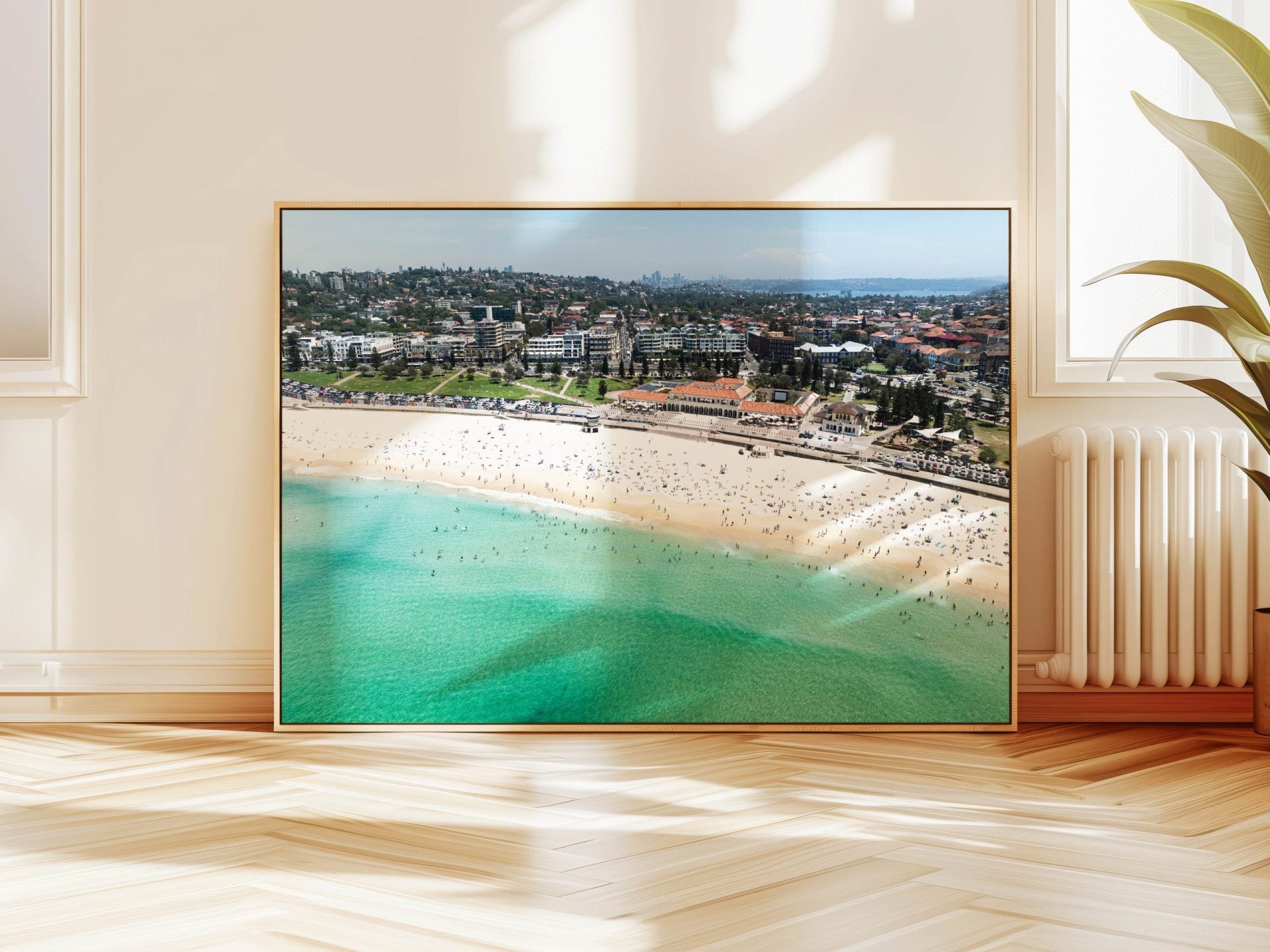 Aerial photograph of Bondi Beach Sydney hanging on a wall