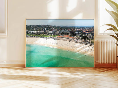 Aerial photograph of Bondi Beach Sydney hanging on a wall