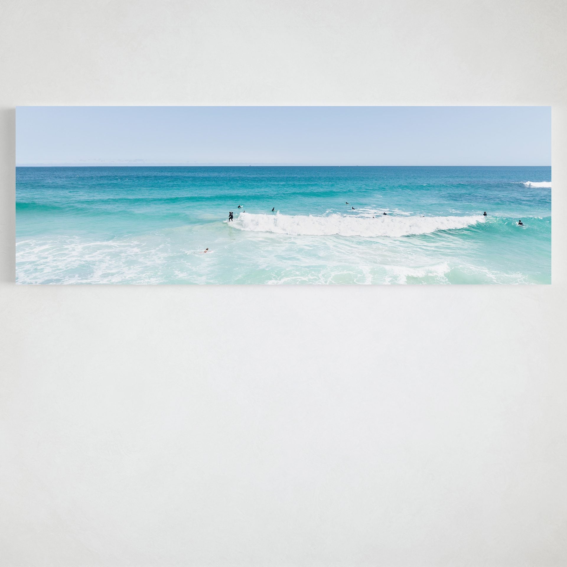 Panoramic aerial photograph of surfers at Scarborough Beach