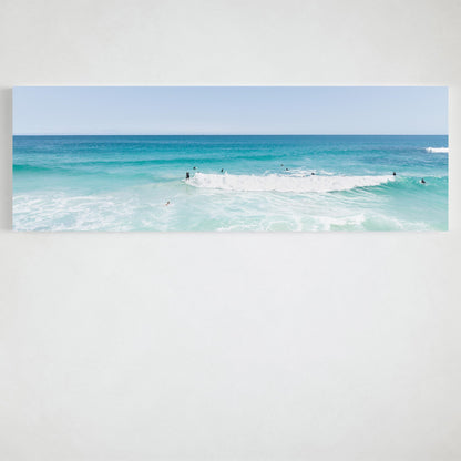 Panoramic aerial photograph of surfers at Scarborough Beach