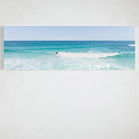Panoramic aerial photograph of surfers at Scarborough Beach