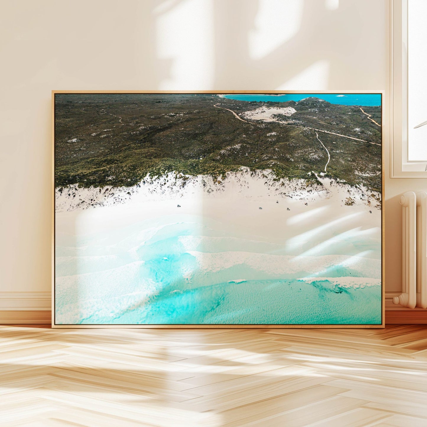 Aerial photograph of Wharton Beach Esperance hanging on a wall