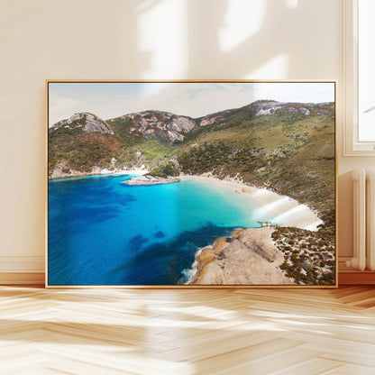 Aerial photograph of Little Beach Albany hanging on a wall