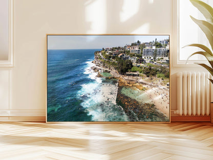 Aerial photograph of Bronte Beach Sydney hanging on a wall
