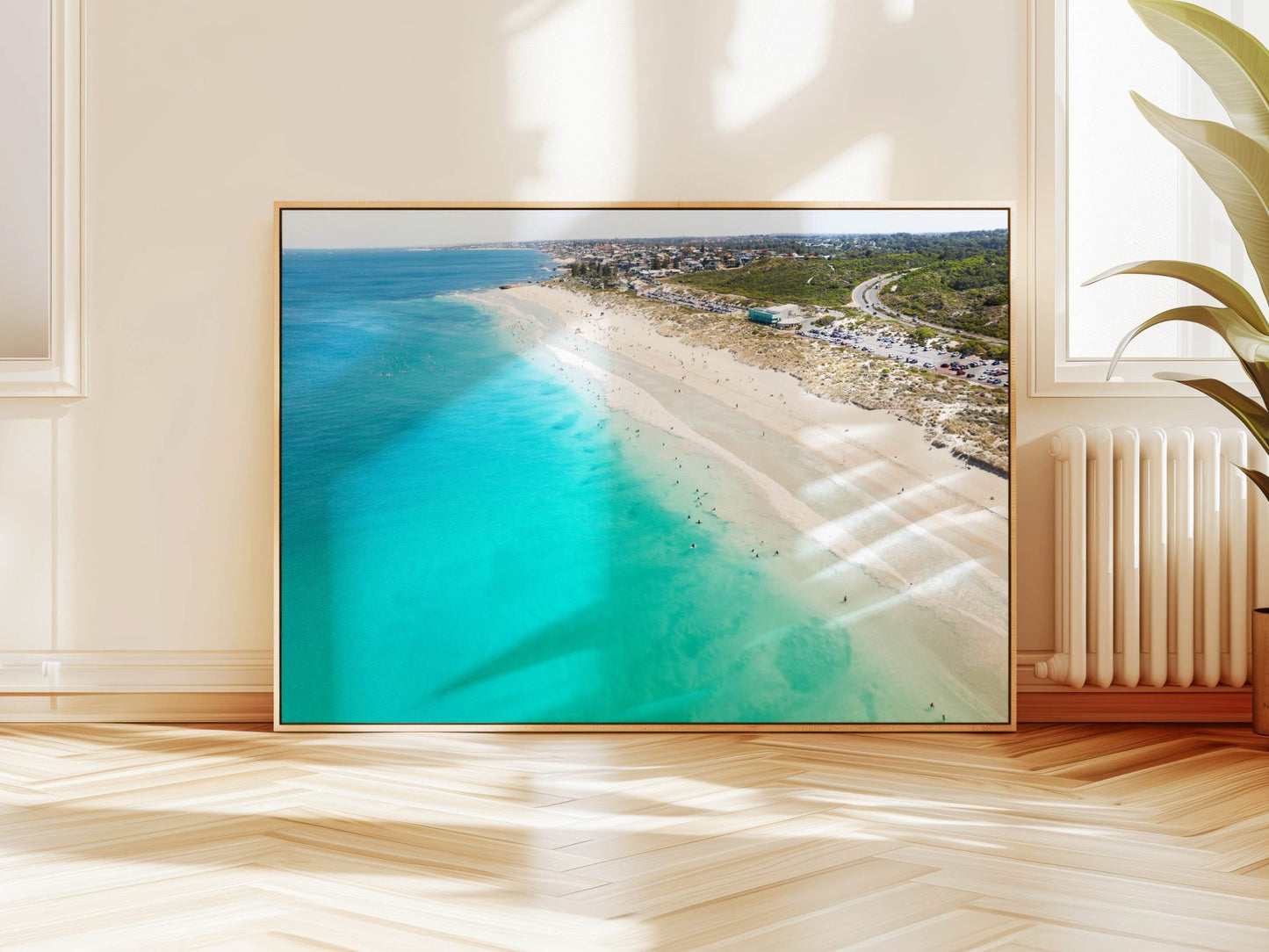 Aerial photograph of Trigg Beach hanging on a wall