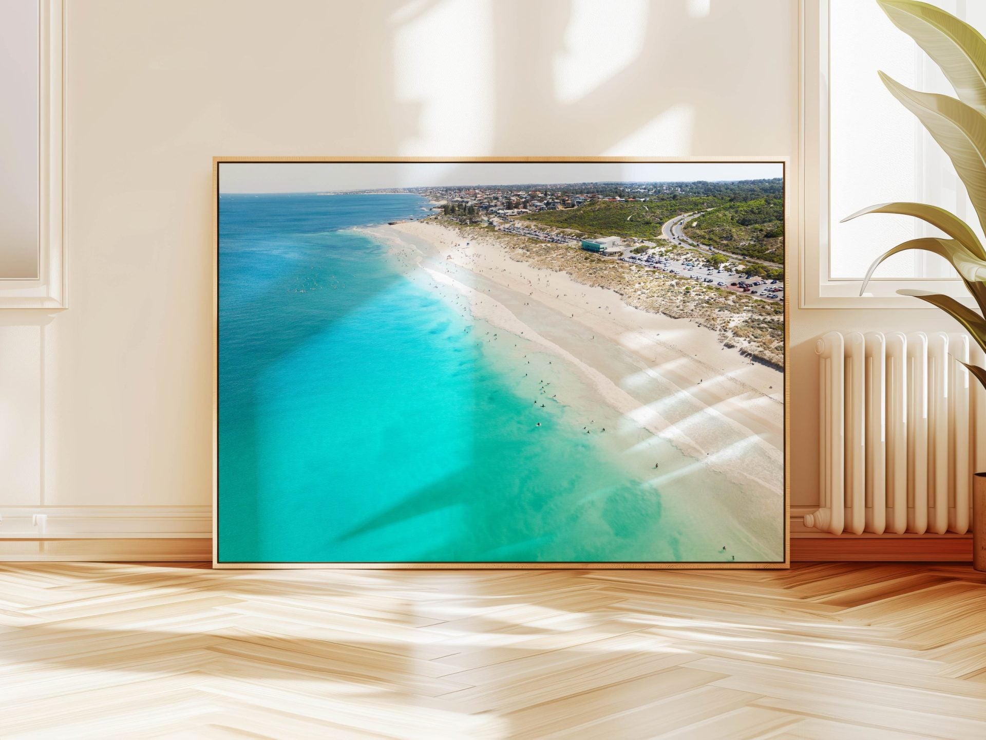 Aerial photograph of Trigg Beach hanging on a wall