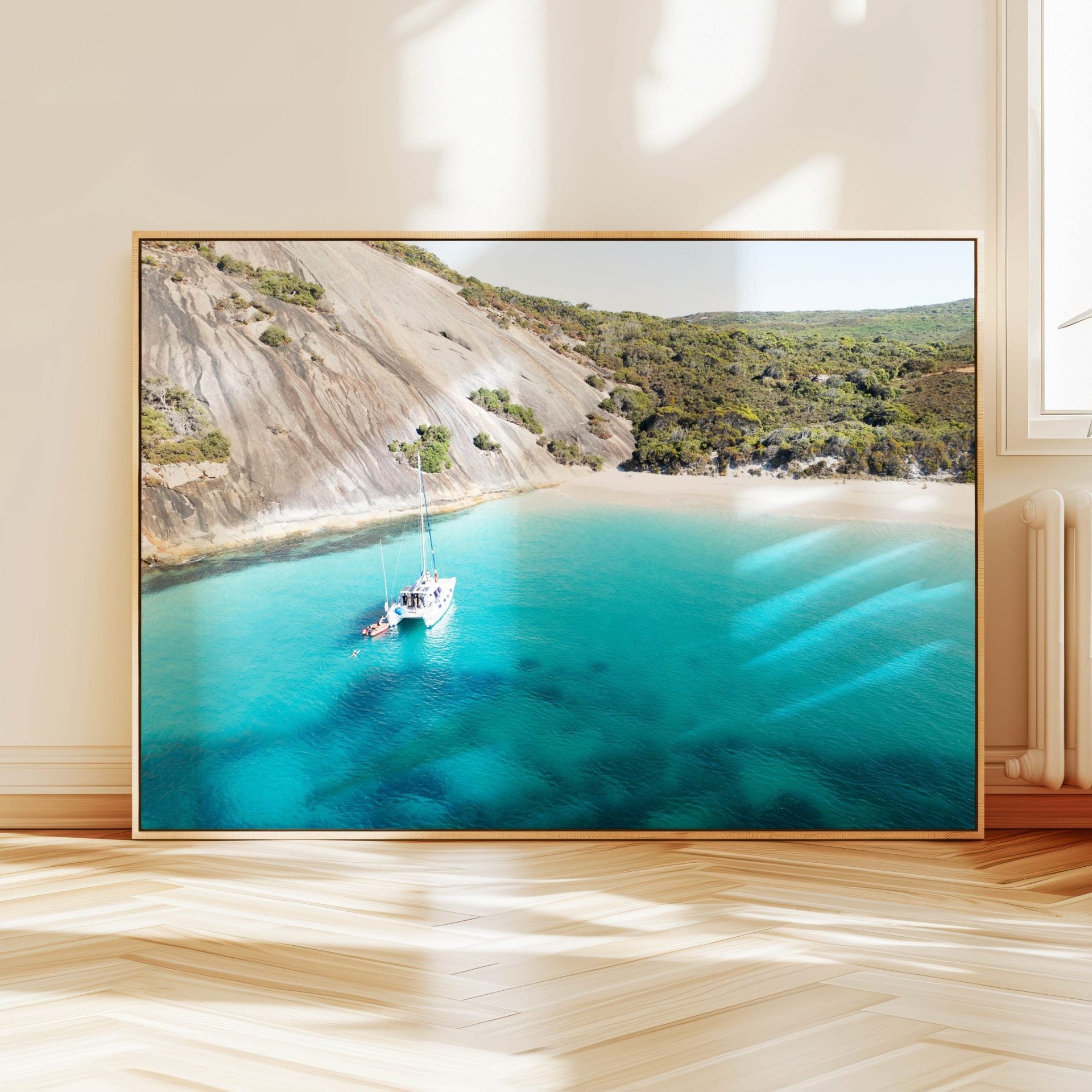 Aerial photograph of Misery Beach Albany hanging on a wall