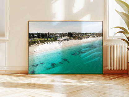 Aerial photograph of Mullaloo Beach Perth hanging on a wall