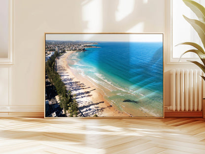 Aerial photograph of Manly Beach, Sydney hanging on a wall