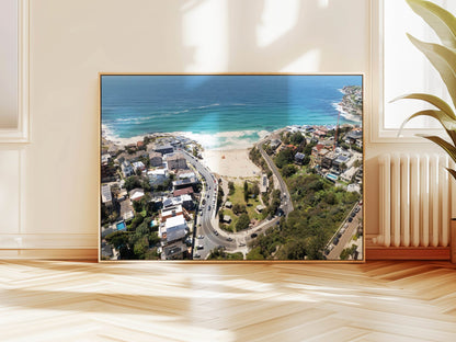 Aerial photograph of Tamarama Beach Sydney hanging on a wall