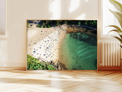 Aerial photograph of Shelly Beach Sydney hanging on a wall