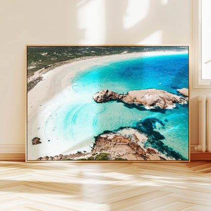 Aerial photograph of Twilight Beach Esperance hanging on a wall