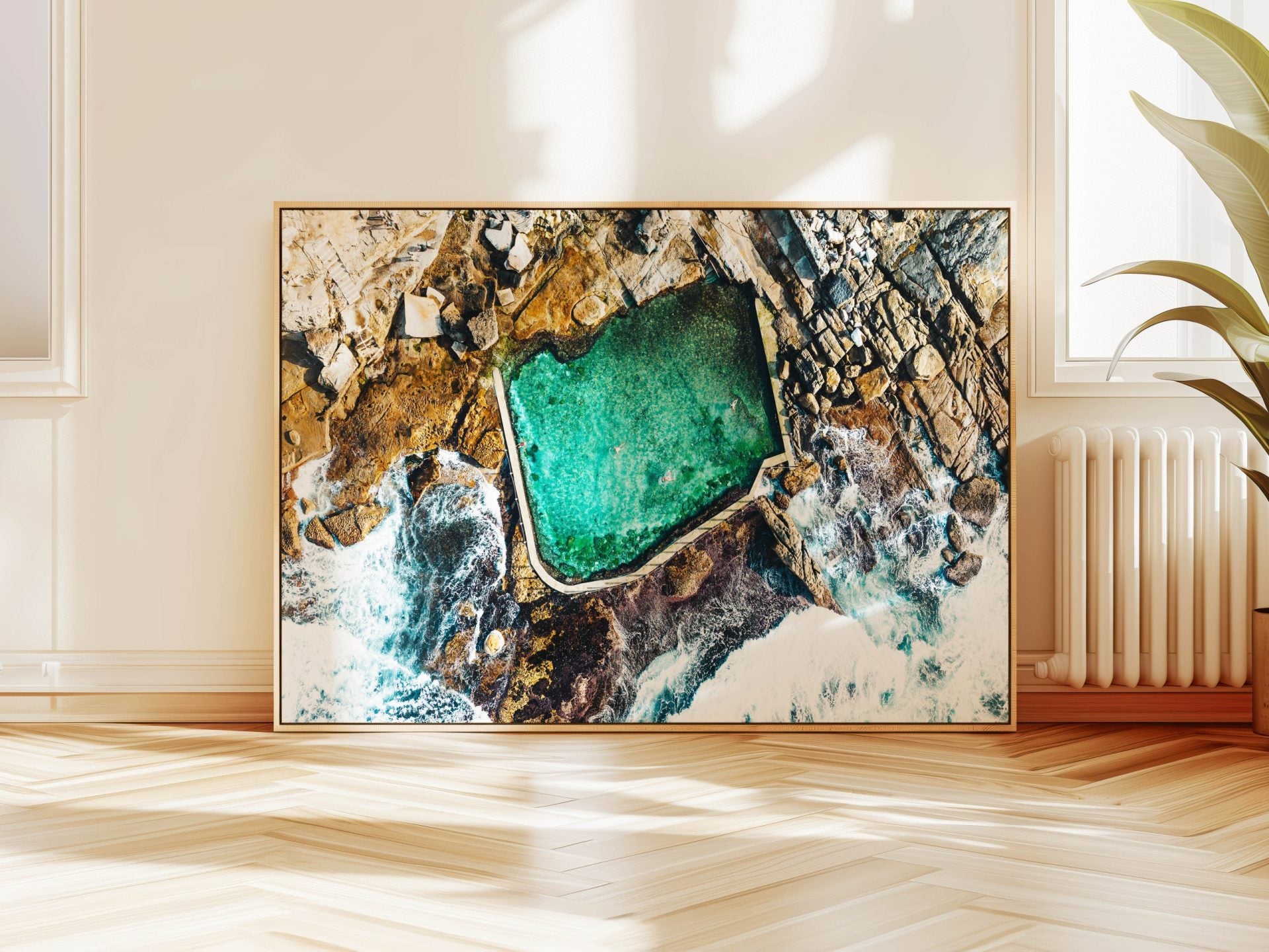 Aerial photograph of Mahon Pool Sydney hanging on a wall