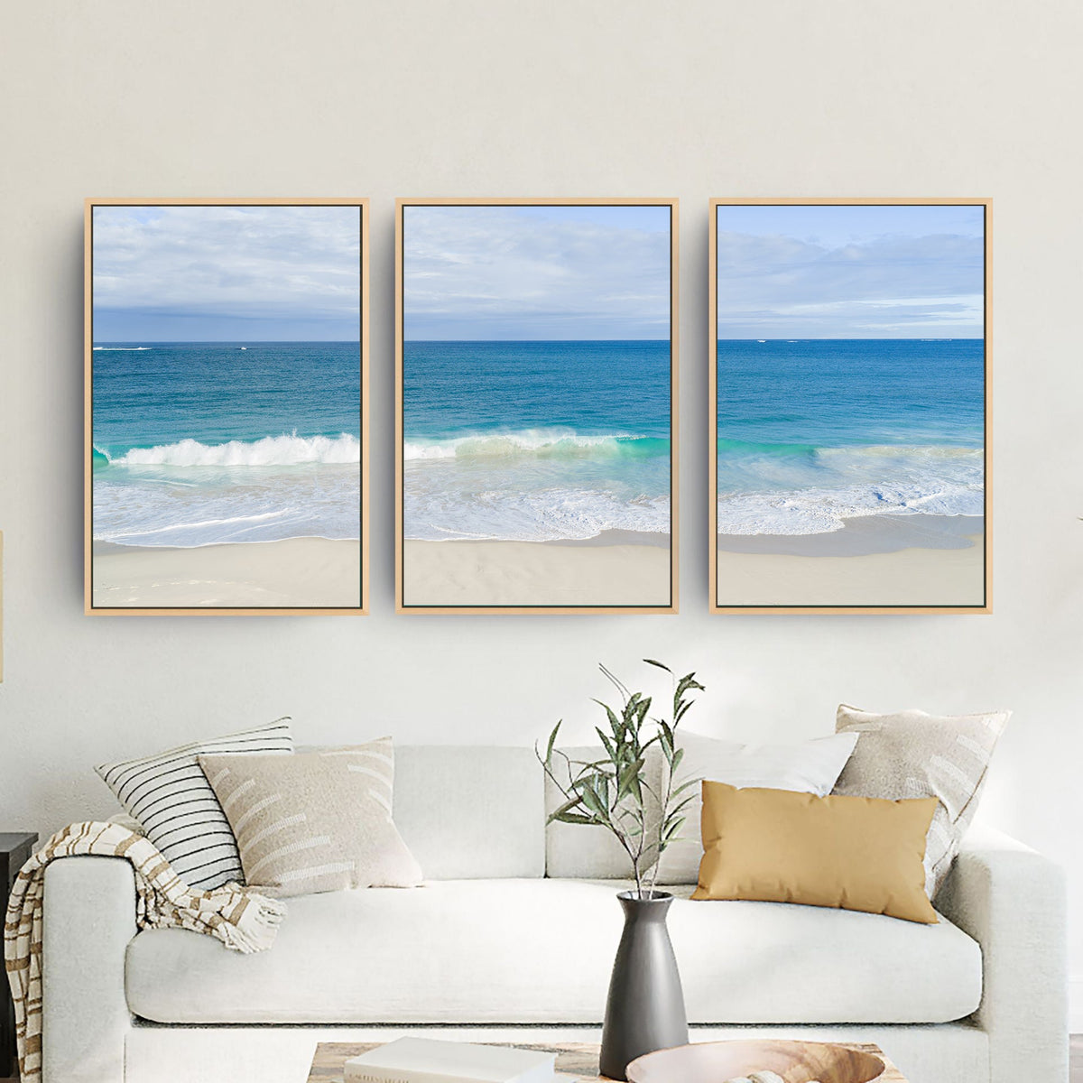 Alkimos Beach three piece canvas wall art in living room