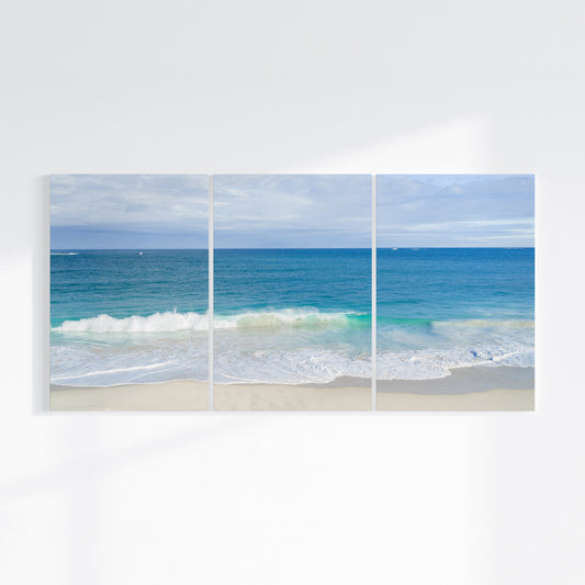 Alkimos Beach three piece canvas wall art on wall