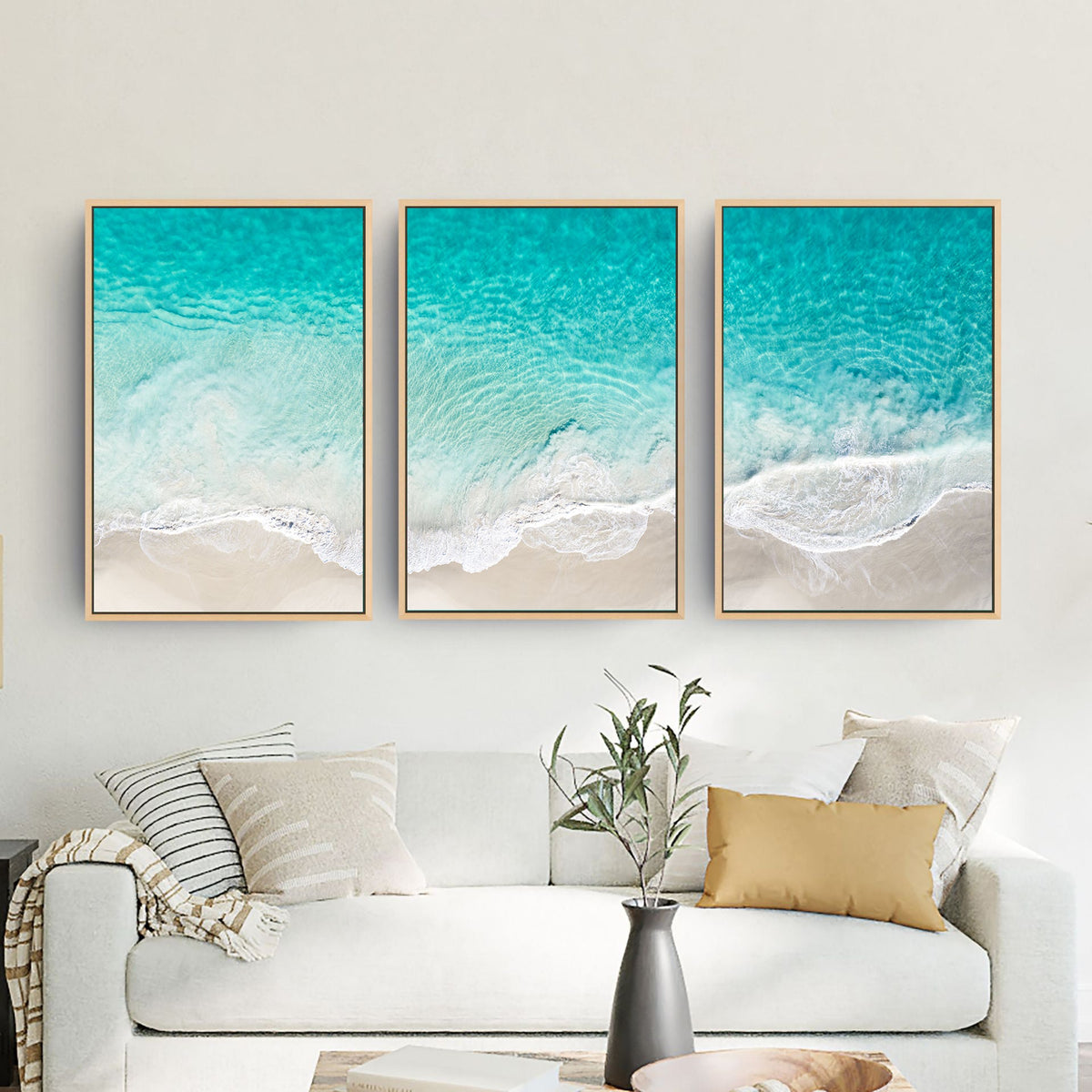 Alkimos Beach three piece canvas wall art II in living room