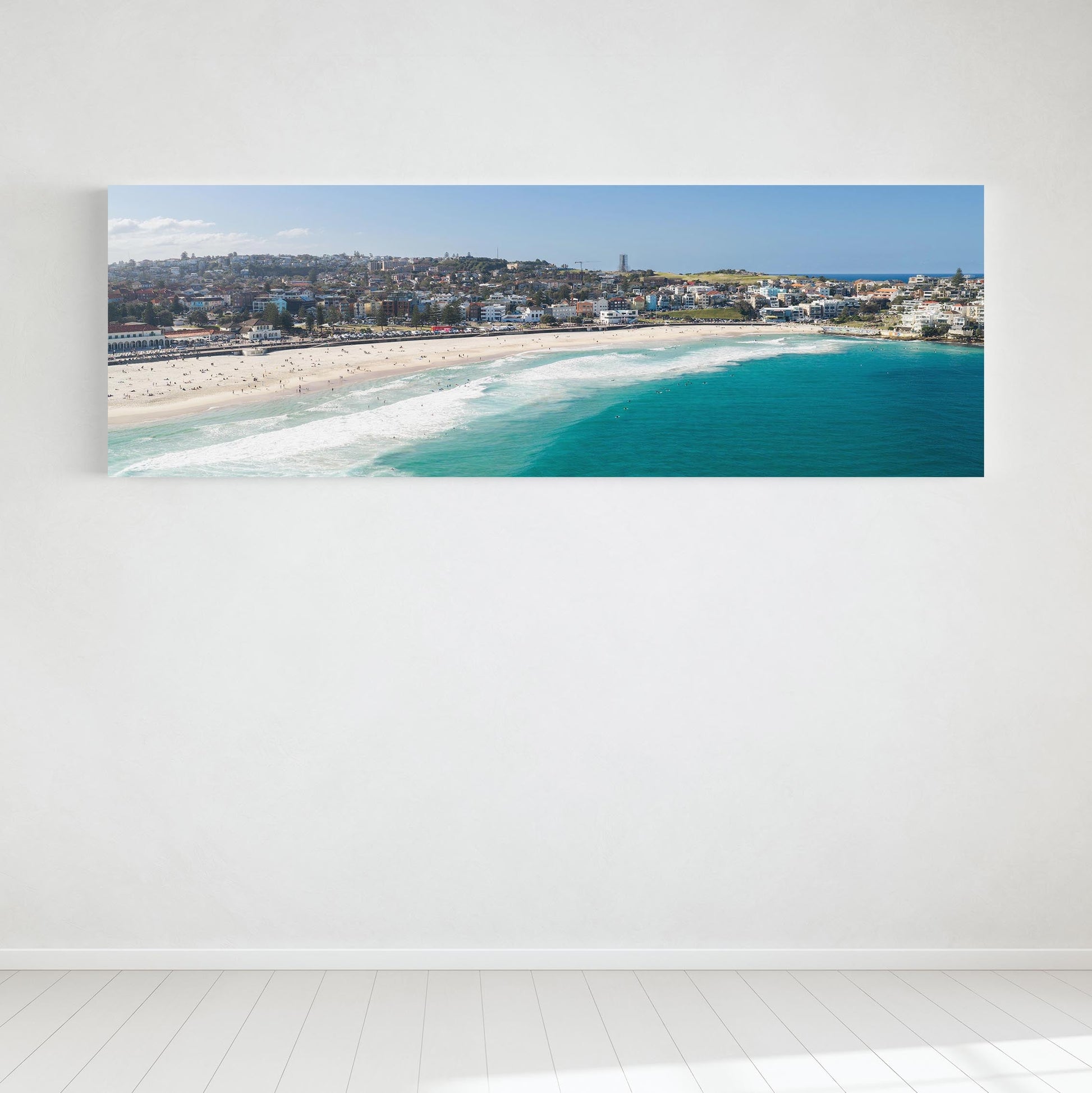 Bondi Beach panoramic canvas hanging in a room