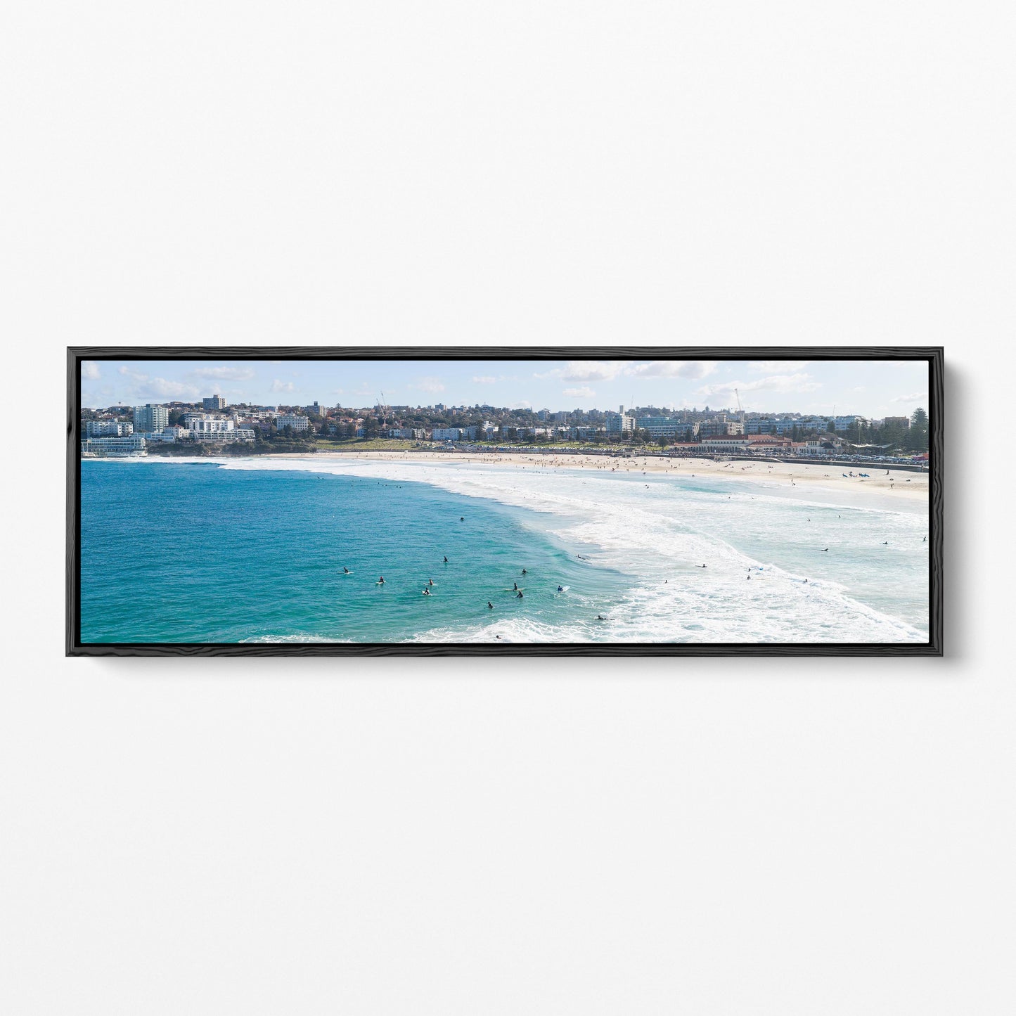 Bondi Beach surfers panoramic black framed canvas