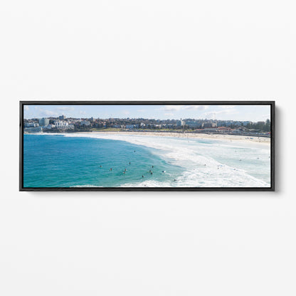 Bondi Beach surfers panoramic black framed canvas