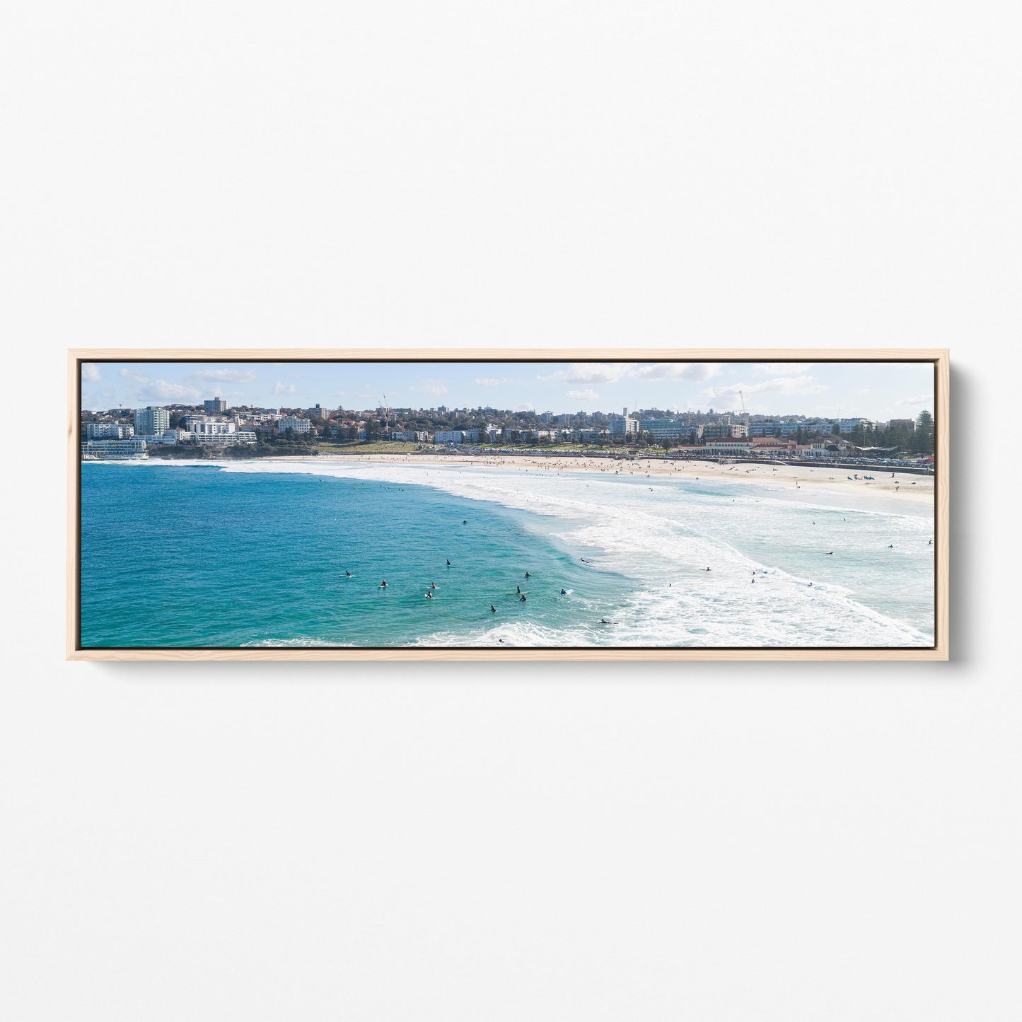 Bondi Beach surfers panoramic oak framed canvas