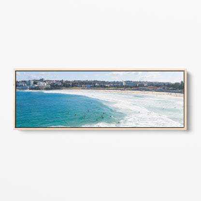Bondi Beach surfers panoramic oak framed canvas