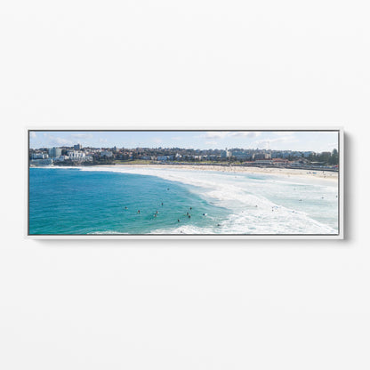 Bondi Beach surfers panoramic white framed canvas