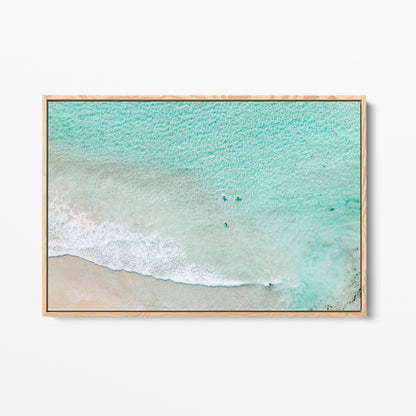Aerial surfer ocean photography oak framed canvas