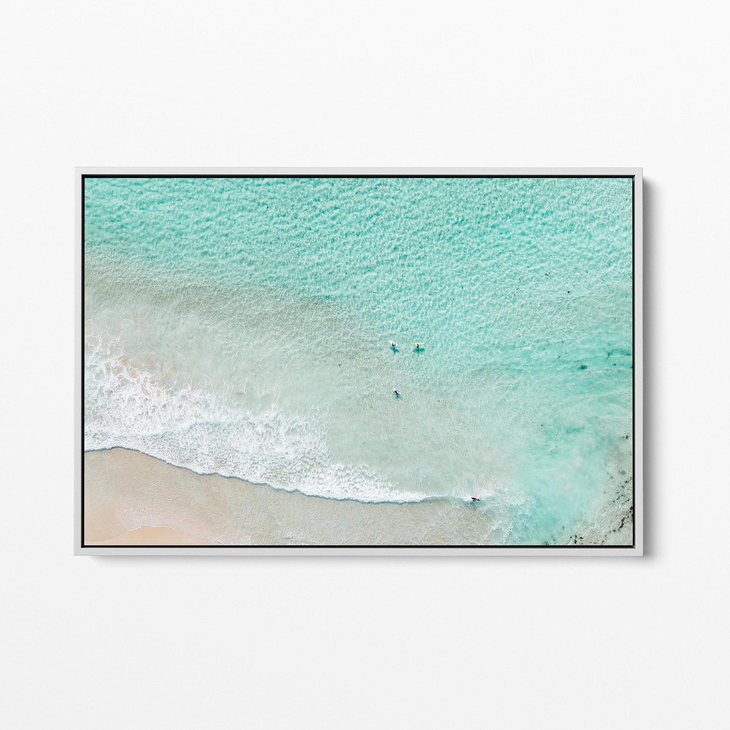Aerial surfer ocean photography white framed canvas