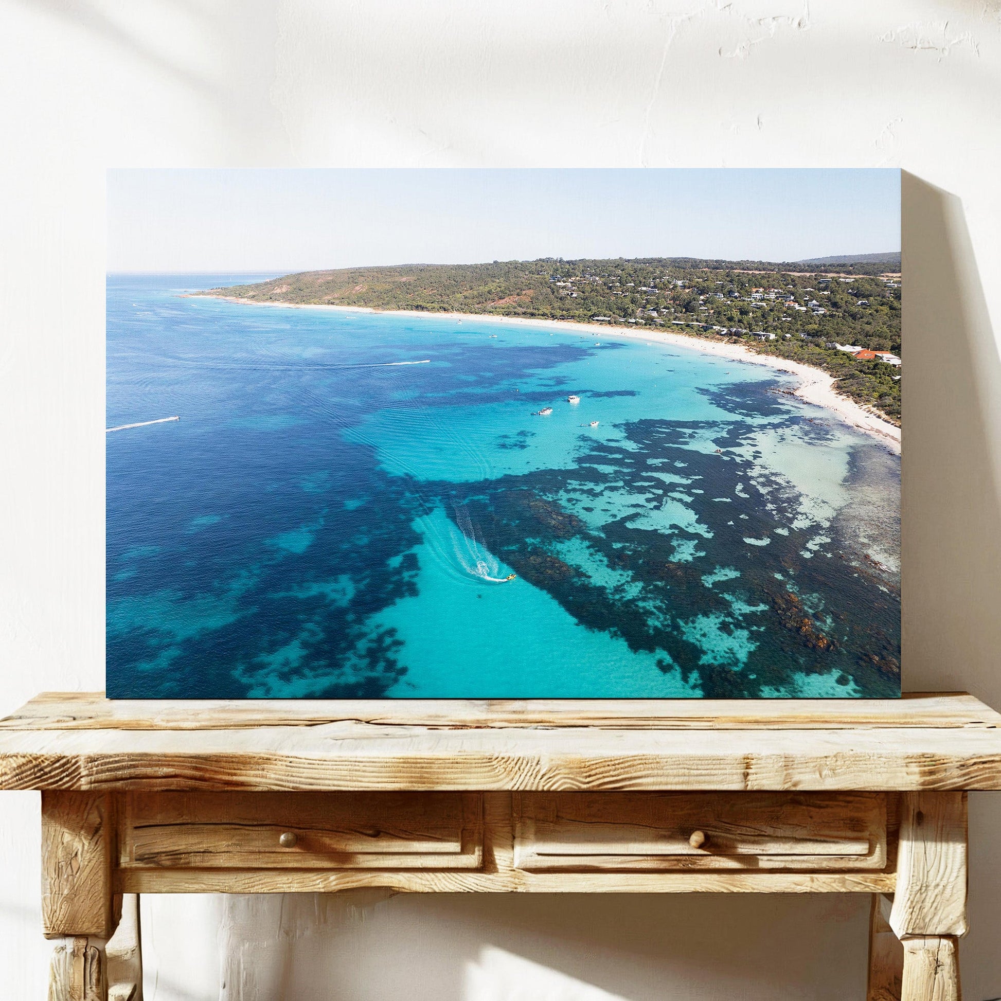Bunker Bay boats and reef aerial canvas wall art