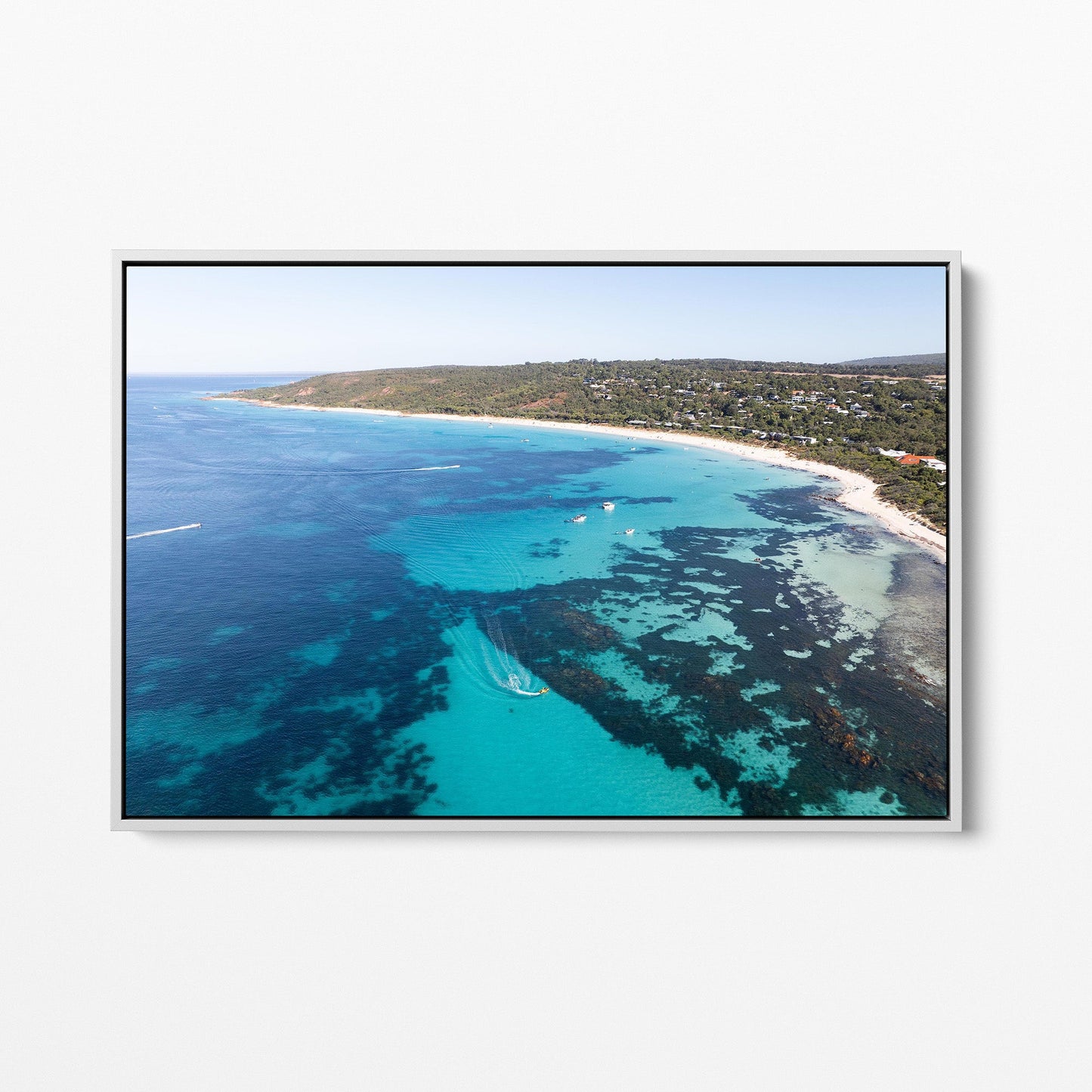 Bunker Bay boats and reef white framed canvas