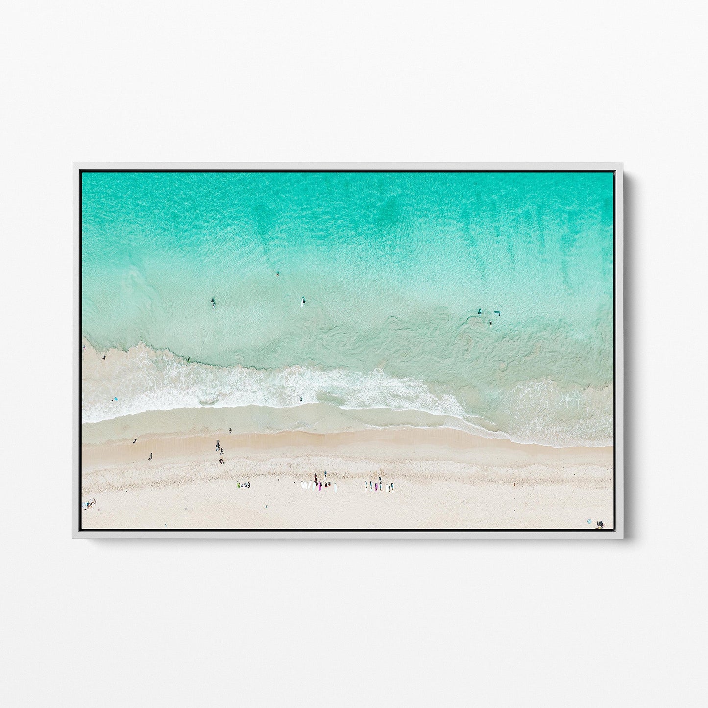 Scarborough Beach surfer white framed canvas