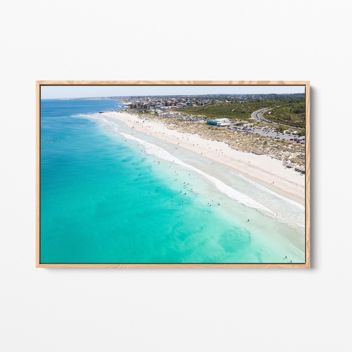 Trigg Beach surfers oak framed canvas