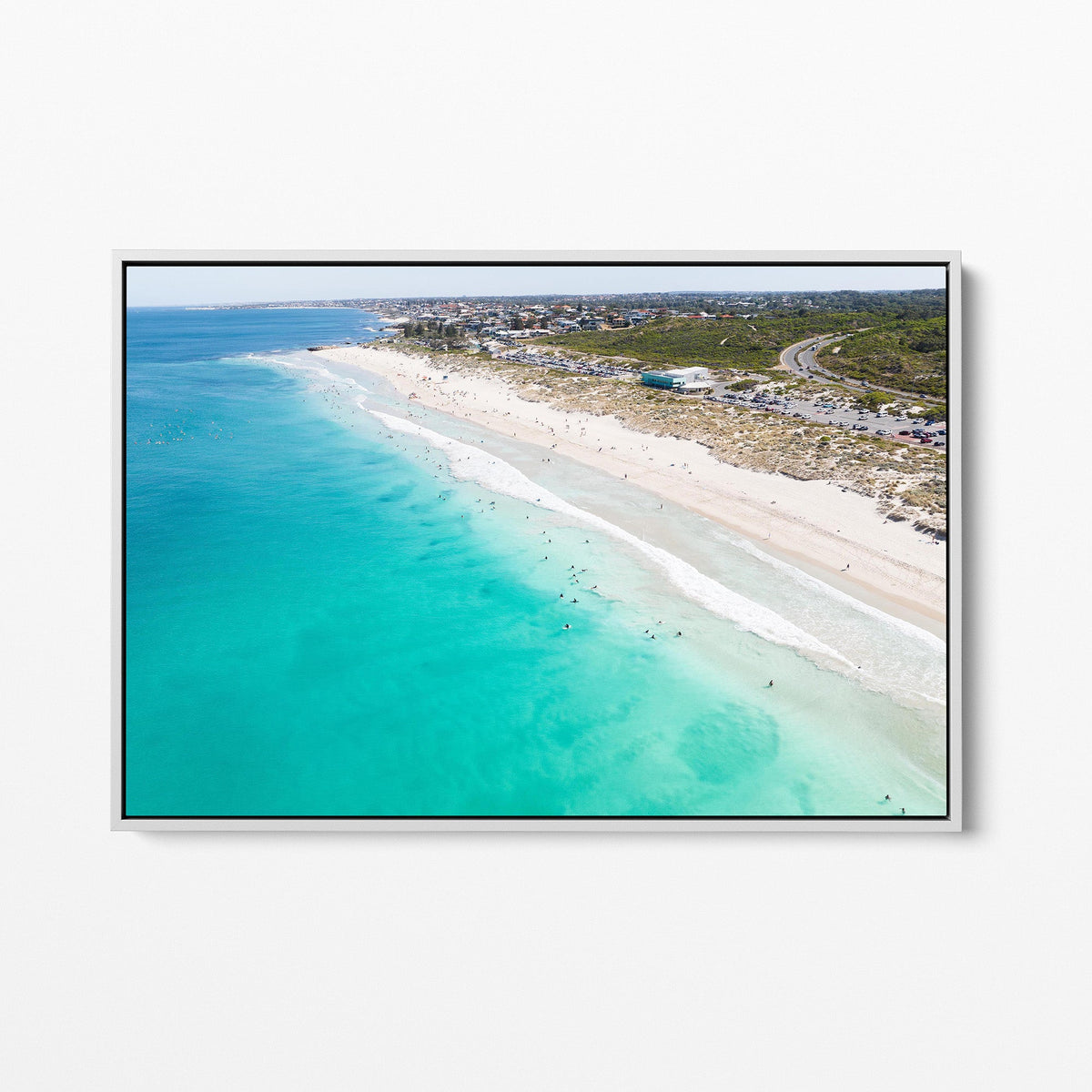 Trigg Beach surfers white framed canvas