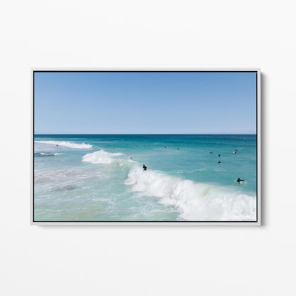 Scarborough surfers white framed canvas