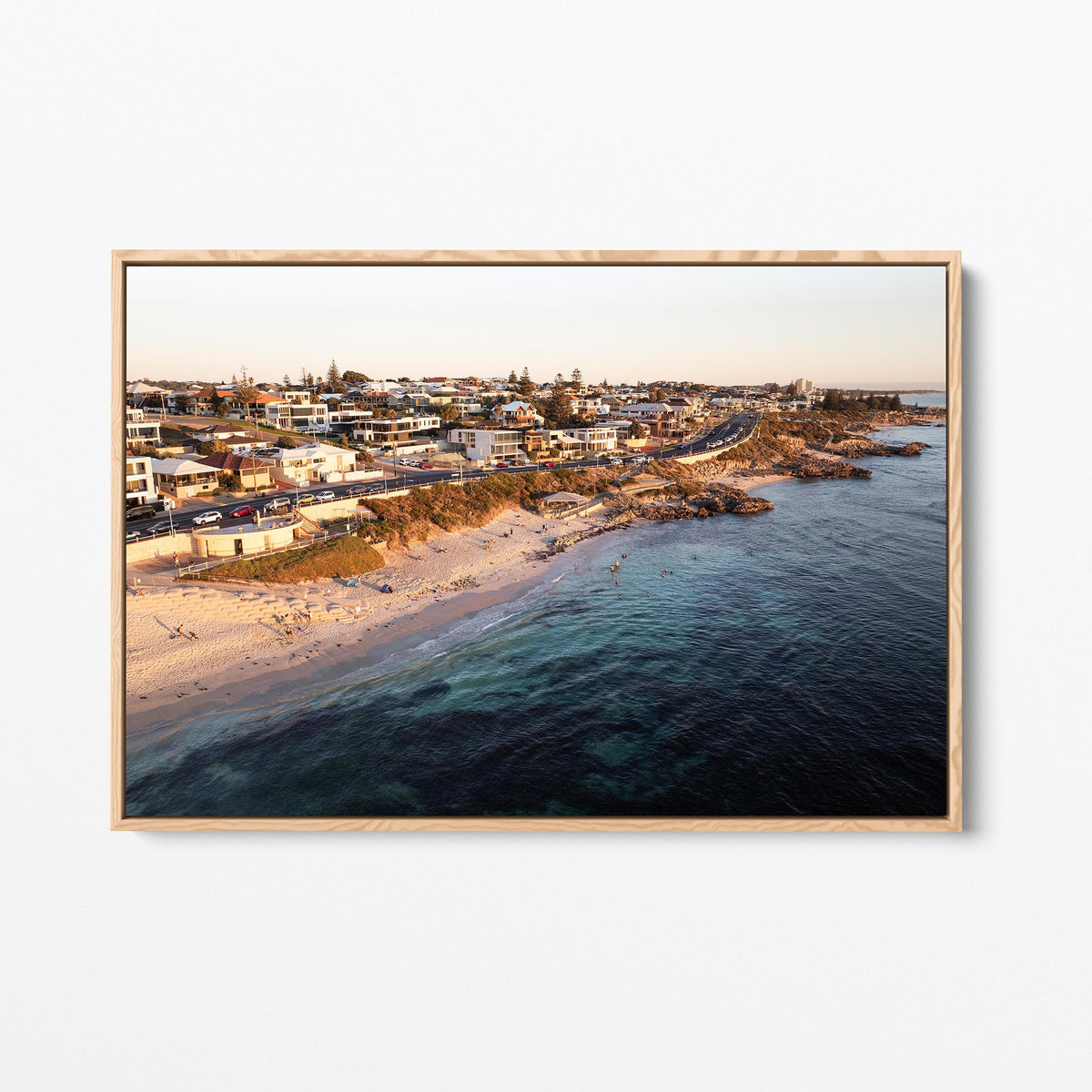 Trigg coastline sunset oak framed canvas