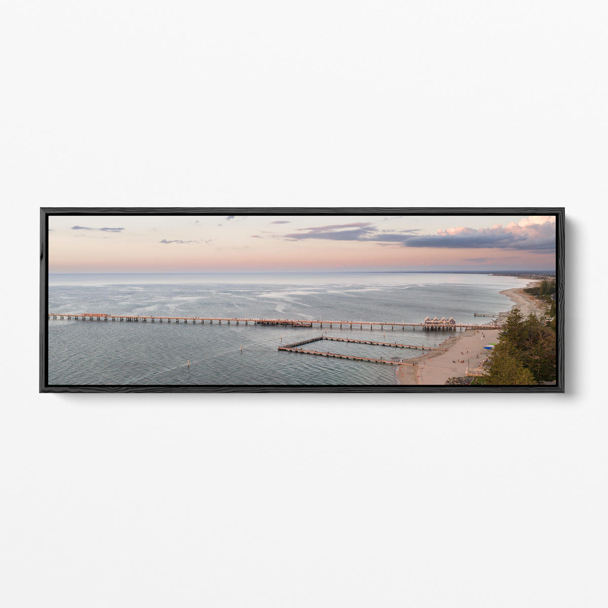 Busselton Jetty sunset panoramic black framed canvas