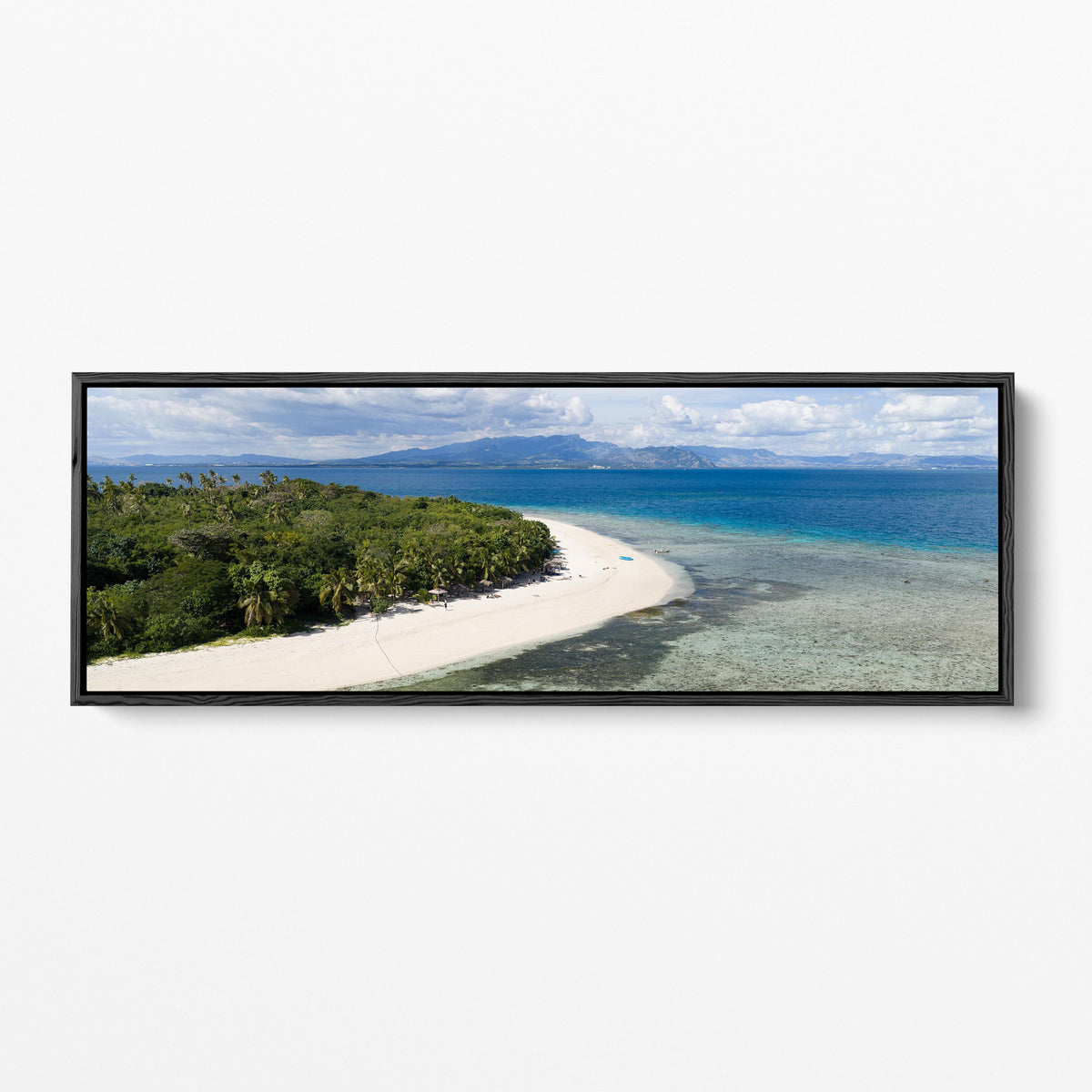 Serenity Island sandspit in Fiji panoramic black framed canvas