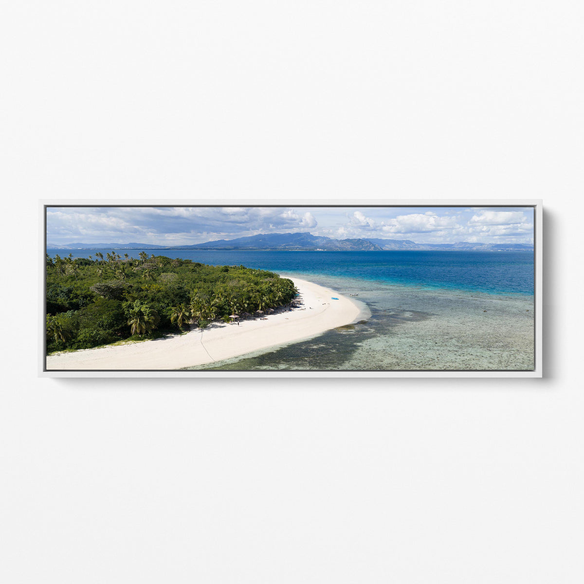 Serenity Island sandspit in Fiji panoramic white framed canvas