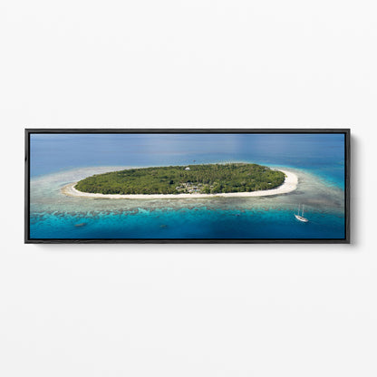 The whole of Serenity Island in Fiji from the air, panoramic black framed canvas