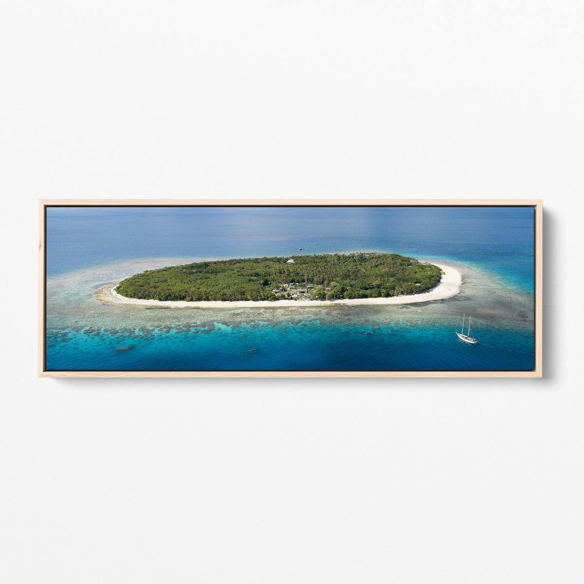 The whole of Serenity Island in Fiji from the air, panoramic oak framed canvas