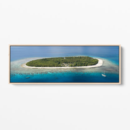 The whole of Serenity Island in Fiji from the air, panoramic oak framed canvas