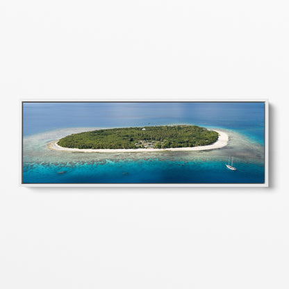 The whole of Serenity Island in Fiji from the air, panoramic white framed canvas