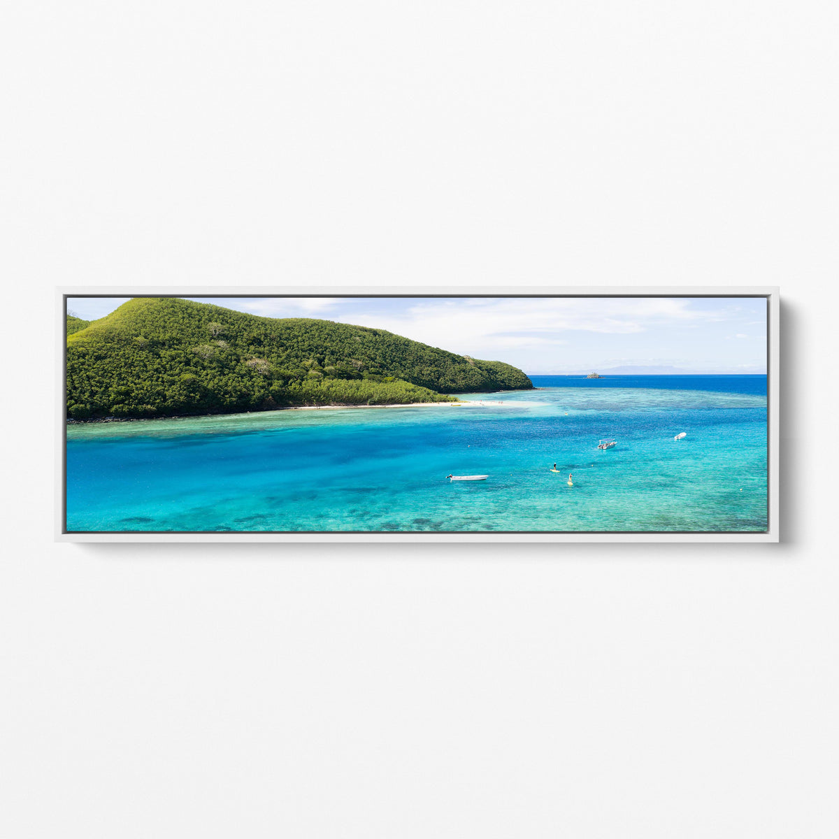 Manta Ray Island above its turquoise lagoon in Fiji panoramic white framed canvas
