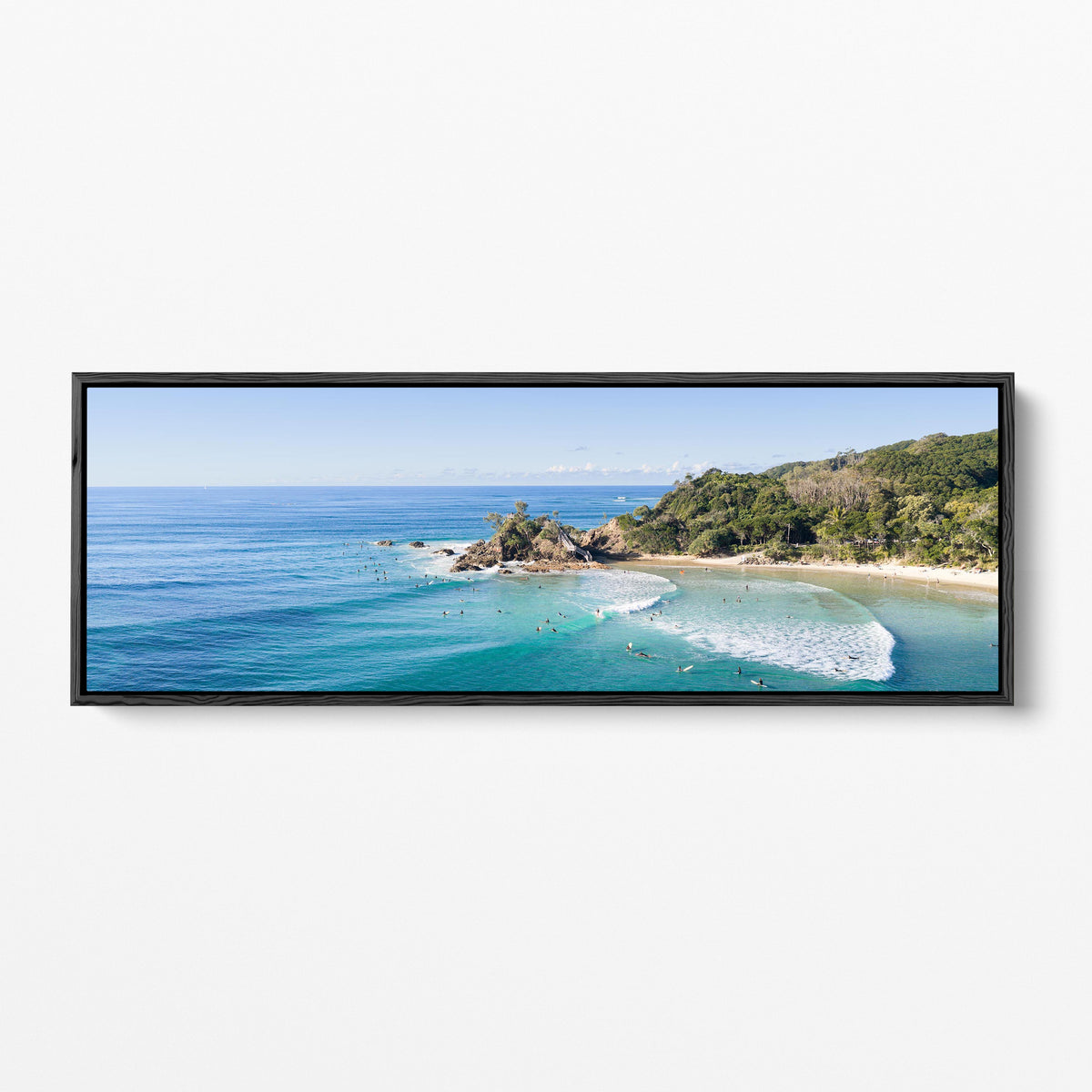 Wategos Beach surfers panoramic black framed canvas
