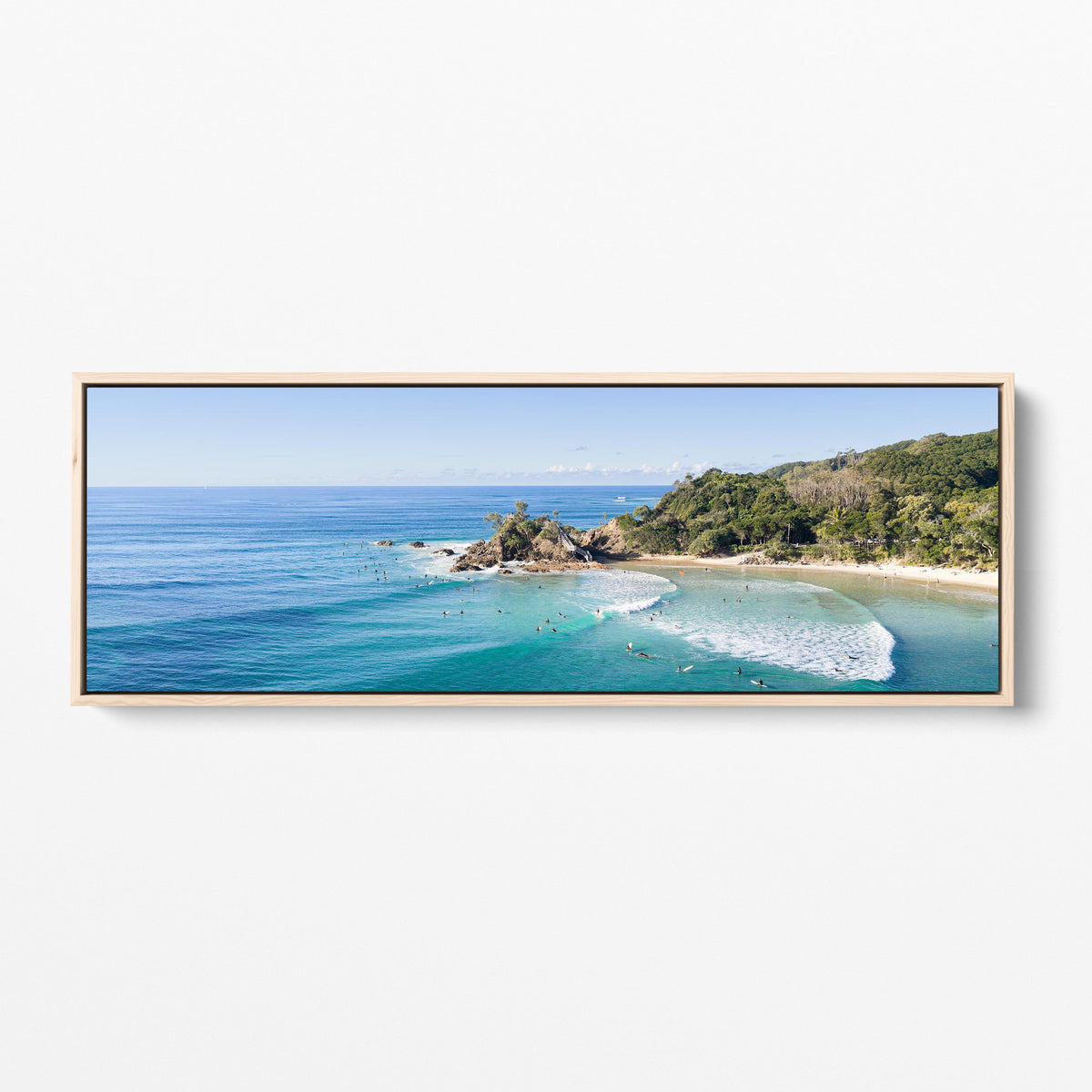 Wategos Beach surfers panoramic oak framed canvas